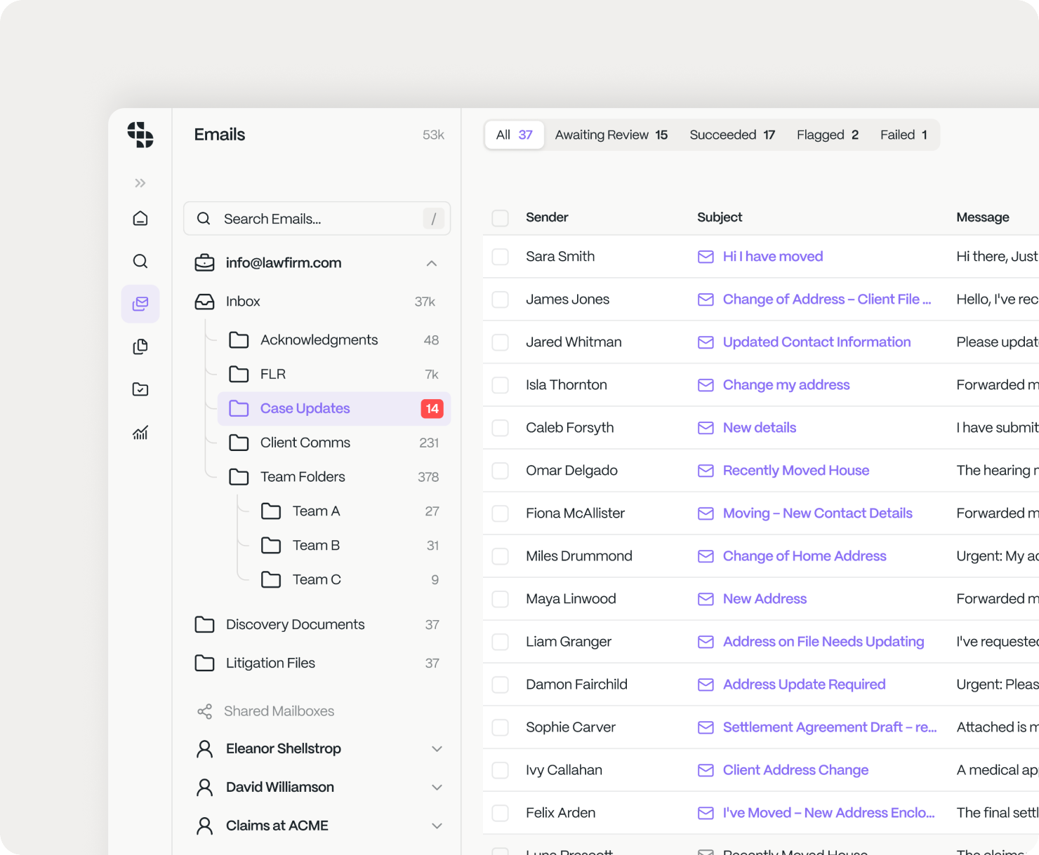 Claim Inbox’s shared inbox: incoming emails sorted into case folders, each with its status
